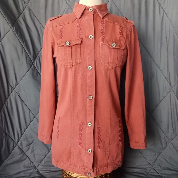 Women's Nadasha Rust Colored Denim Jean Jacket Distressed Button up Collared - Picture 1 of 16